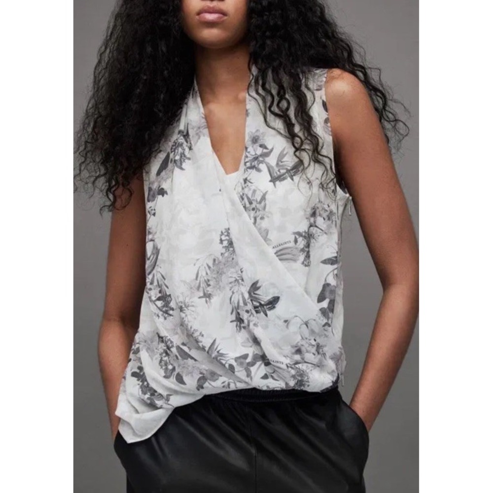 All Saints Abi Audrey Draped Floral Print Sleeveless Top Asymmetric Size 10